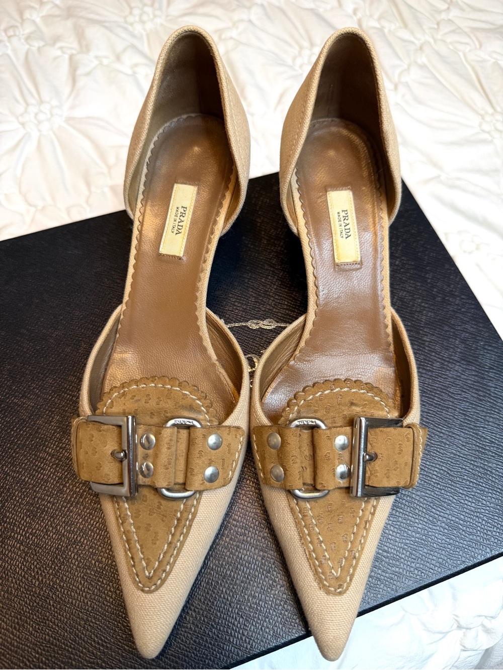 Prada Beige Pointed-Toe Buckle Pumps